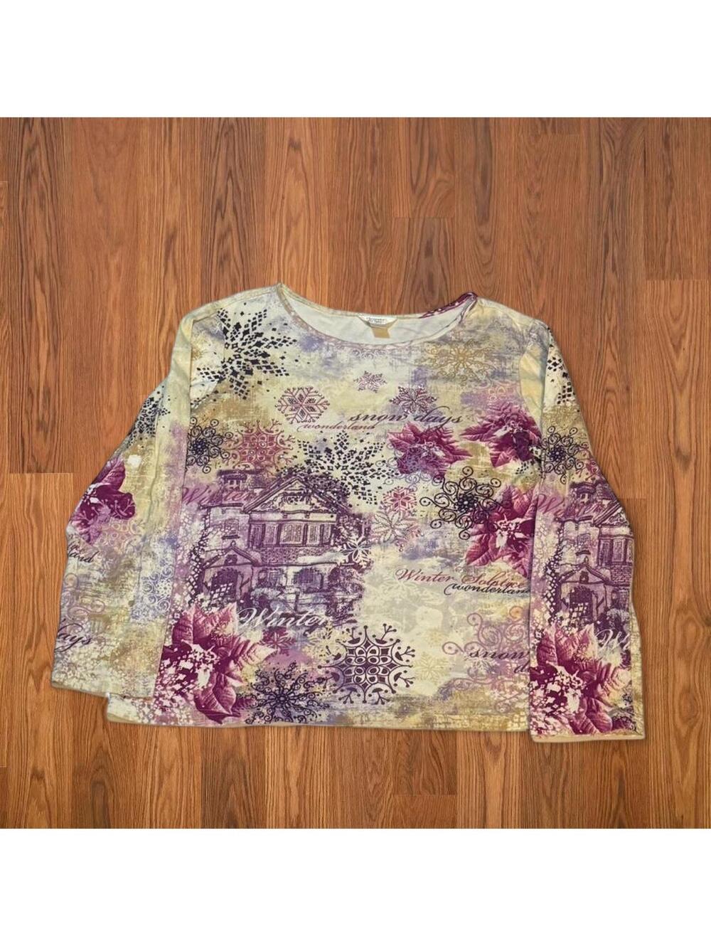 Christopher & Banks Purple Floral Rhinestone Top Womens Large Y2K Long Sleeve